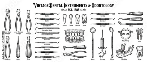 Fotografie Vintage Dental Instruments and Odontology Illustration