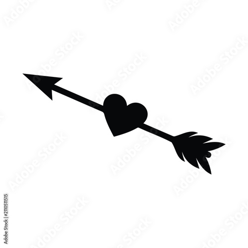 Amour arrow love symbol with heart, cupid arrow black simple sign, romance icon.