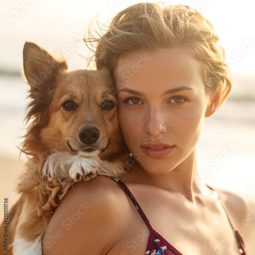 A young woman and a dog share an intimate moment on a beach. The dog rests its head on her shoulder while they gaze directly ahead