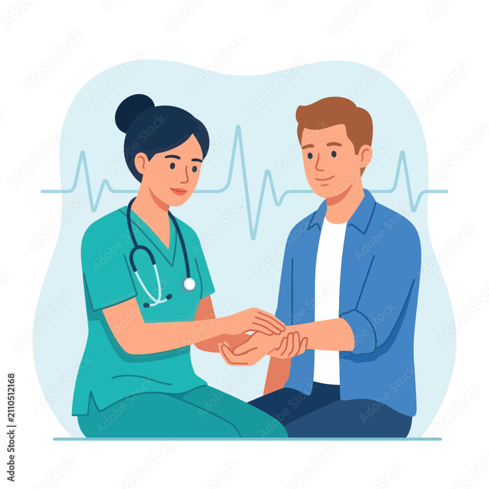 Fototapeta premium Nurse checking patient's pulse with stethoscope and heart rate monitor in background, medical care concept