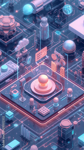 Futuristic AI technology circuit board with glowing core. Cybernetic data processing hub showcasing advanced digital innovation.