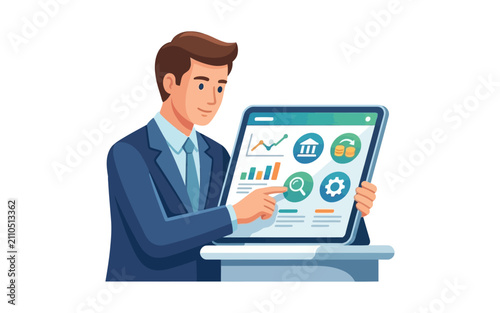 Businessman Presenting Financial Data on Tablet