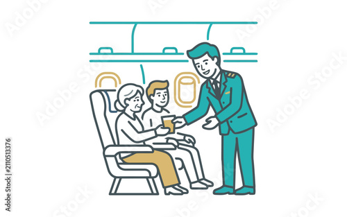 Flight Attendant Serving Passenger Vector Illustration