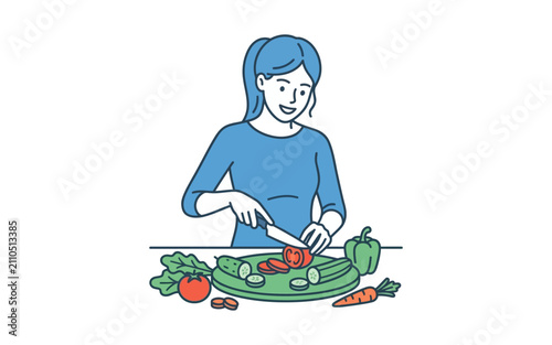 Woman Chopping Vegetables Vector Illustration