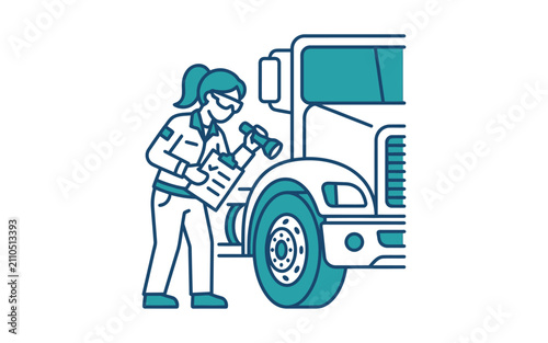 Female Mechanic Truck Inspection Vector Illustration