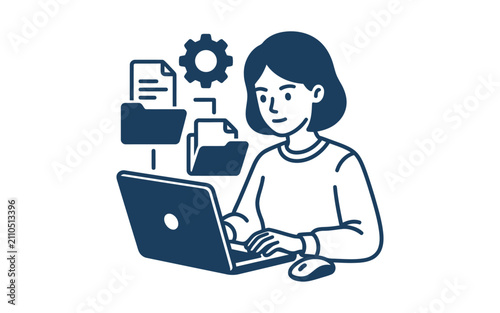 Woman Working on Laptop File Management Vector Illustration