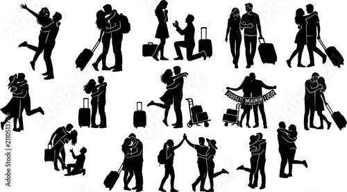 Принти на полотні Romantic traveler couples silhouette vector collection featuring airport marriage proposals, just married honeymooners, luggage suitcases, and passionate homecoming hugs