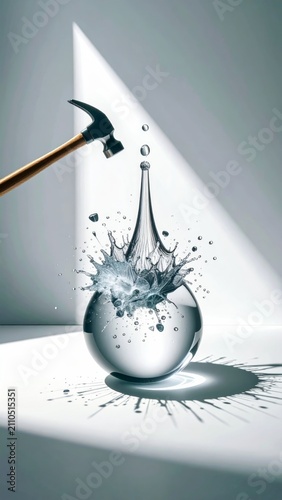 Conceptual illustration of a hammer striking a water droplet ball causing dynamic splashing in dramatic lighting