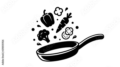 Dynamic black and white vector art captures fresh garden vegetables exploding upward from a tilted cooking pan in a playful stir-fry motion on a plain background