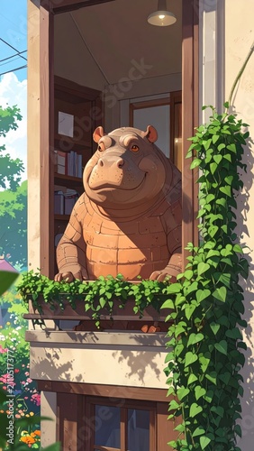 Cute Stylized Hippo Resting on a Sunlit Balcony with Lush Green Ivy Wall Illustration