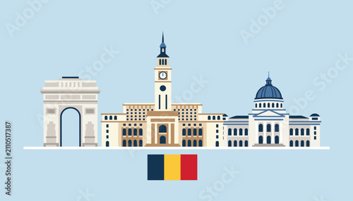 Bucharest city skyline illustration featuring historic monuments like Arcul de Triumf and the national flag of Romania.