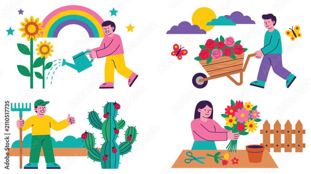 Fototapeta premium Gardening scene vector illustration set showing people planting and watering spring flowers.