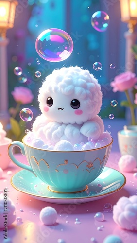 Cute fluffy white character sitting in a pastel blue teacup surrounded by glowing soap bubbles and pink roses in a whimsical magical fantasy setting