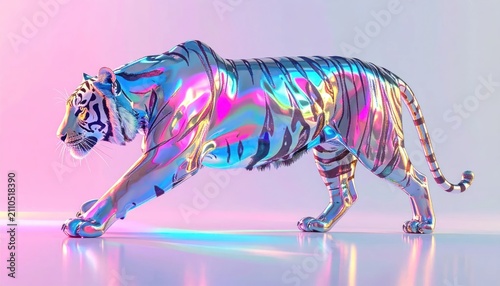 Iridescent holographic tiger walking on white reflective surface.
