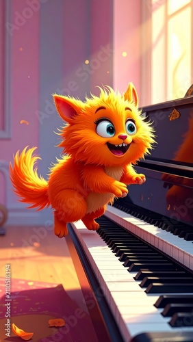 Cute Fluffy Orange Kitten Playing a Piano in a Bright Sunny Living Room