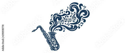 Fotografía Musical Notes Flowing from Vintage Saxophone