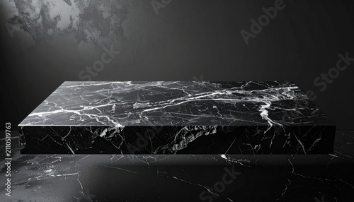 Luxurious Black Marble Display Platform with White Veins, Elegant Product Showcase Background