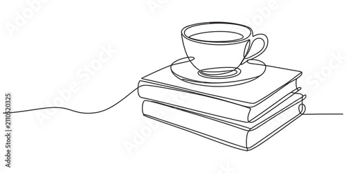 Continuous single line drawing of a coffee cup resting on a stack of books
