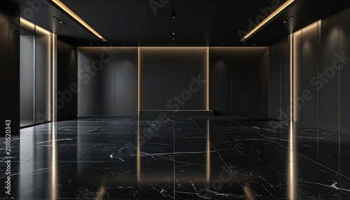 Luxurious modern black interior with polished marble floor and ambient LED lighting
