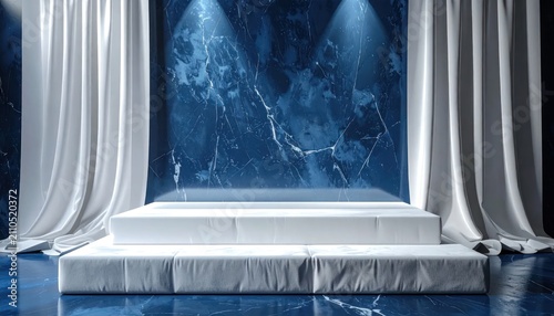 Luxurious Presentation Stage with White Podium and Blue Marble Backdrop