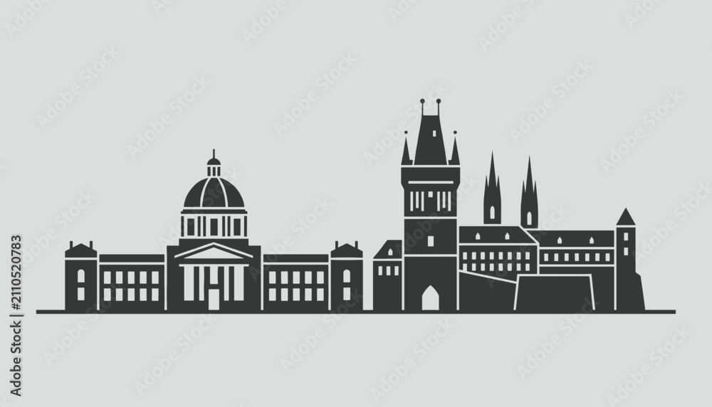 Fototapeta premium Architectural skyline silhouette of historical Prague city landmarks including Charles Bridge tower and dome.