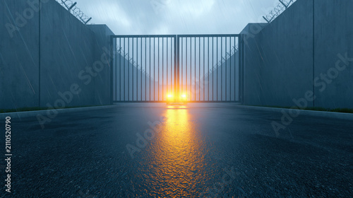 Prison gate security fence concrete wall barbed wire wet road guarded entrance closed gate blue tone low angle empty yard detention center correctional facility dramatic light rainy weather lockup