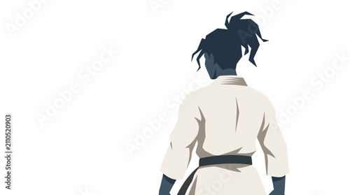 Martial artist with a ponytail stands prepared for combat in a traditional gi against a plain white background.