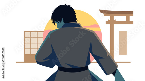 Martial artist wearing a dark kimono stands before a traditional torii gate at sunset in a stylized illustration.