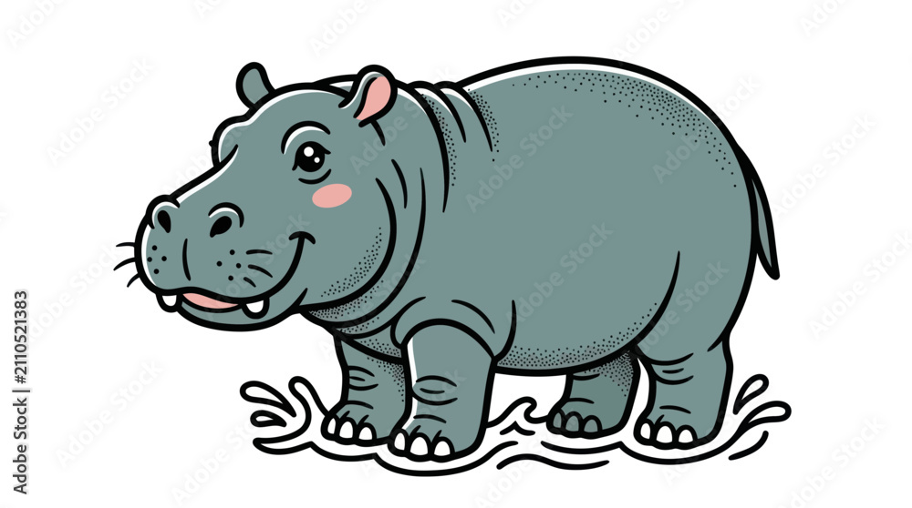 Fototapeta premium Cute Cartoon Hippopotamus Walking in Water