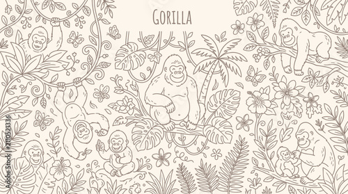 Fotografie A whimsical hand-drawn illustration featuring various gorillas in a lush jungle setting with abundant foliage and flowers