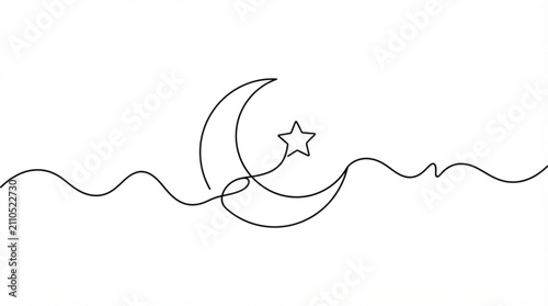 Minimalist continuous line art crescent moon and star vector illustration night sky on white background