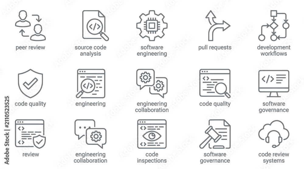 Fototapeta premium Software engineering, coding, and development workflow line icons.