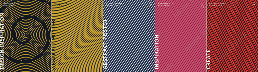 Fototapeta premium Abstract patterned background features five distinct vertical panels with varied colors, textures, and subtle text.