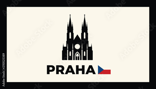 Prague gothic cathedral black silhouette with city name praha and czech republic flag ribbon, isolated on cream background.