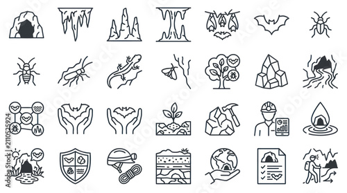 Foto Speleology and cave exploration line icons set.