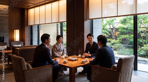 Formal Japanese Business Meeting with Tea in a Traditional Setting