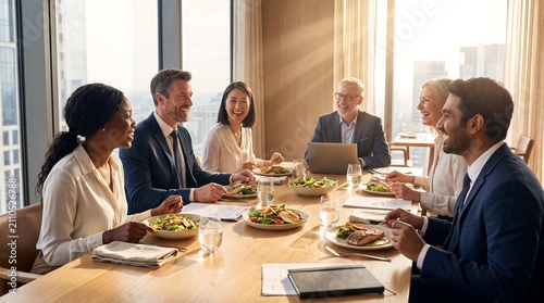 Happy Diverse Business Team Enjoying a Healthy Lunch Meeting in a Sunny Office
