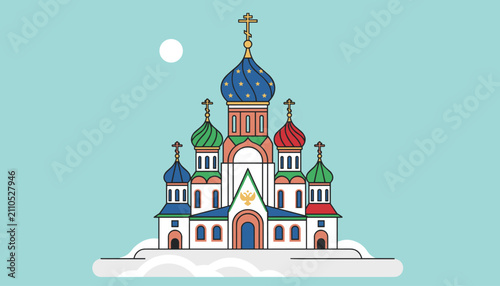 Russian orthodox cathedral church vector illustration displaying colorful domes in the snow under a winter sun.