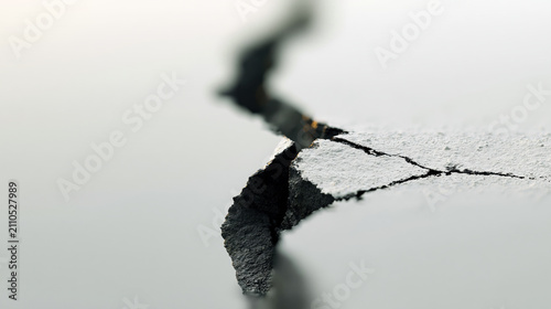 Crack broken rupture white surface texture damage isolated closeup abstract fissure split gap hole deterioration decay fragment line rough aged distressed concrete plaster wall floor paint black