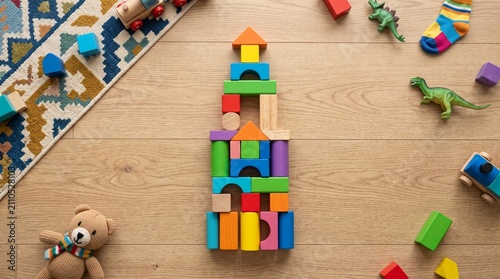 Colorful wooden building blocks tower and toys on a wooden floor