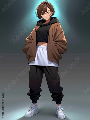 Full-body anime-style female character in brown hoodie, black crop top, white skirt, and black joggers with white sneakers against a blue gradient backdrop.
