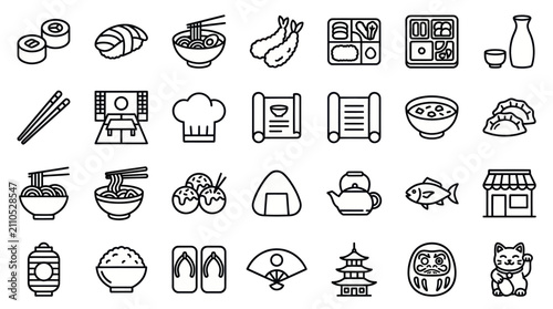 Traditional Japanese cuisine and cultural line icons.