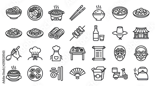 Traditional Korean food and cultural heritage icons.