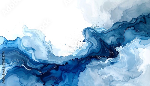 Abstract fluid art with flowing blue ink forming cloud-like shapes against a bright white background. Delicate lines of gold accent