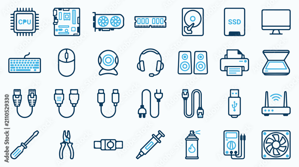 Fototapeta premium Set of Computer Hardware and Electronic Device Icons