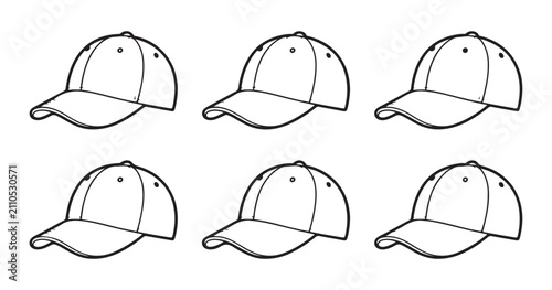 Cuadro en lienzo Six identical baseball cap line art outlines for clothing design templates on transparent grid background