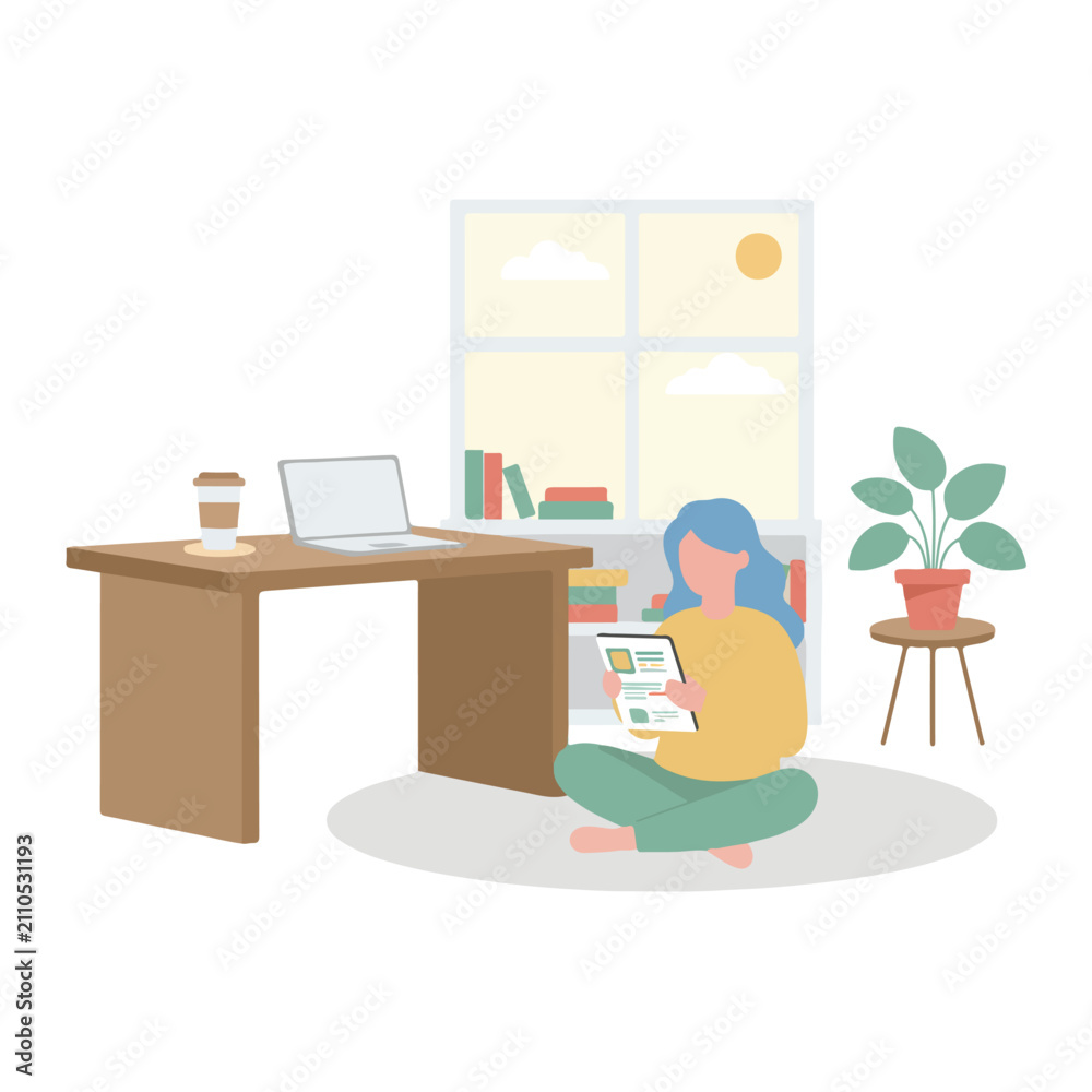 Fototapeta premium A female character sits comfortably on a rug in a home office, holding a tablet next to a wooden desk with a laptop and coffee.
