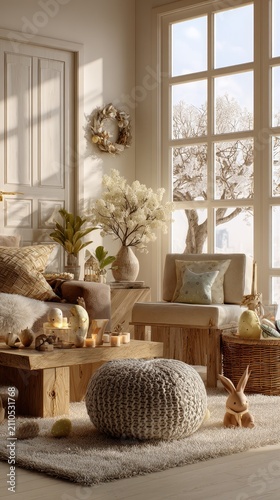 Easter home decor arranged in sunlit living room featuring rustic wooden furniture in a vertical sharp focus shot for seasonal holiday marketing