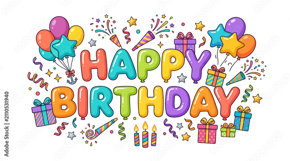 Obraz premium Colorful birthday greeting with balloons gifts with multicolored letters surrounded