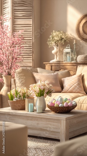 Pastel easter eggs displayed on a coffee table in a sunlit beige living room with spring tulips for seasonal home decor marketing